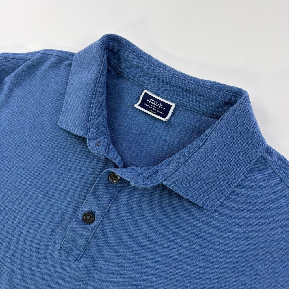 Charles Tyrwhitt Pique Polo Shirt Mens Medium Blue Short Sleeve Stretch Logo‎